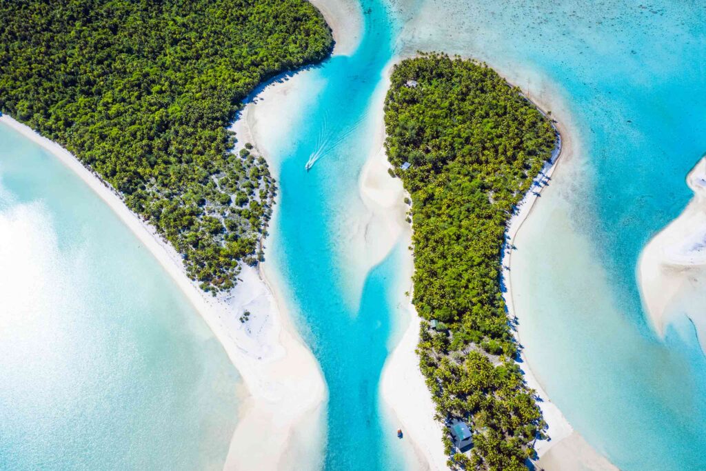 Aerial view of a lagoon on Aitutaki in the Cook Islands