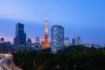 Prince Park Tower Hotel, a Prince Hotels Tokyo property, sits next to the lit up Tokyo Tower at night
