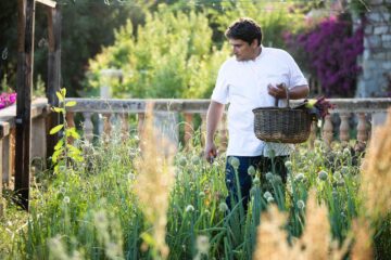 Chef Mauro Colagreco in his garden at Mirazur a Relais and Chateaux restaurant in France
