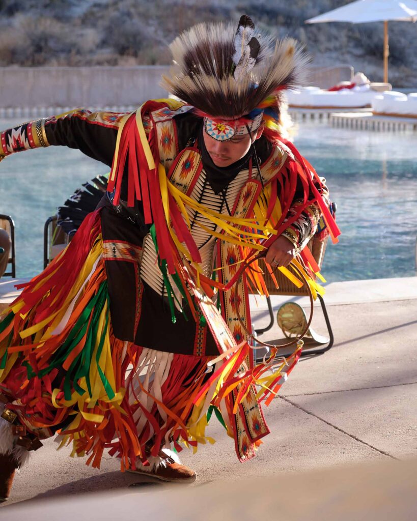 A member of the Navajo tribe during a cultural performance at Amangiri, Lake Powell, Utah, USA