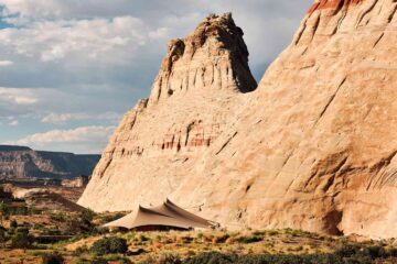 Tented accommodation at the foot of a rock formation at Amangiri, Lake Powell, Utah, USA