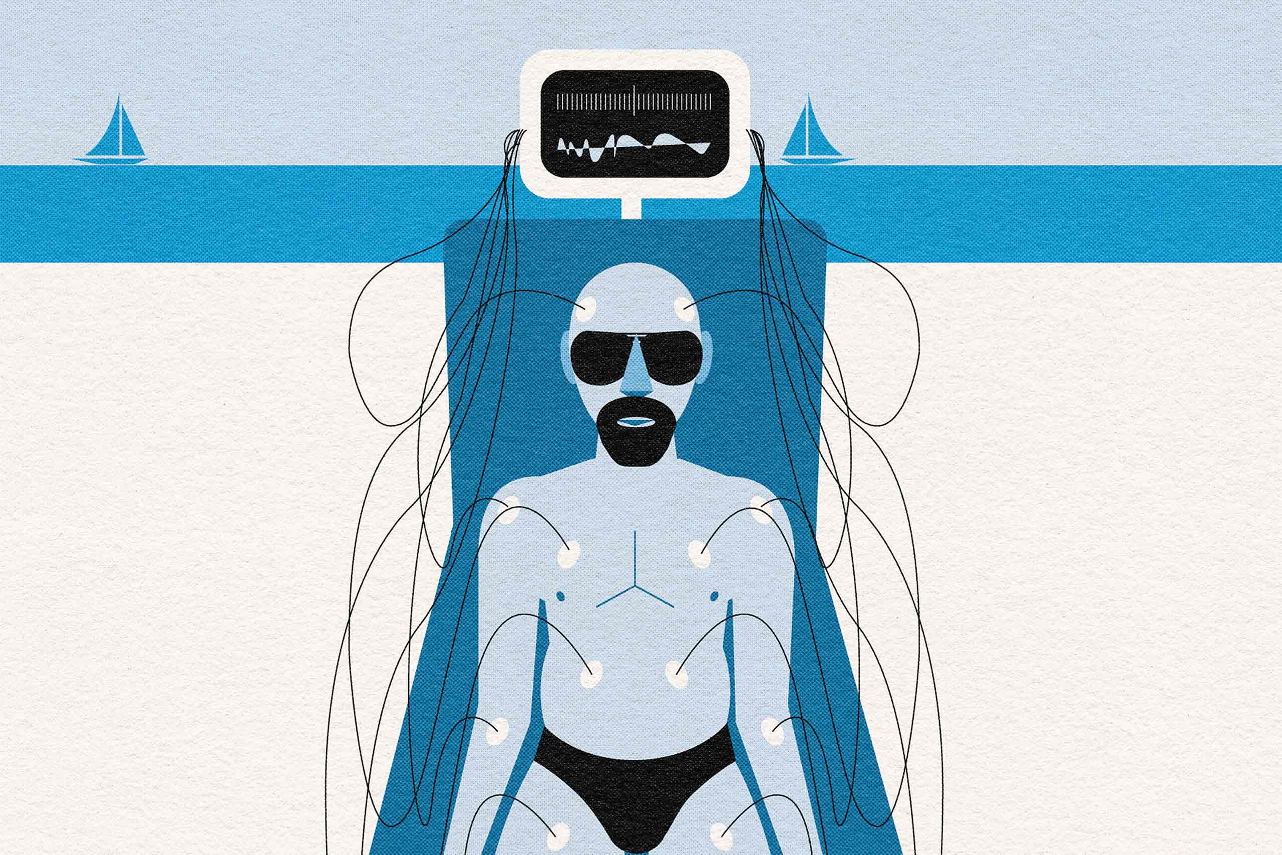 An illustration of a bald, male traveller wired up to a wellness machine on a beach with boats sailing in the background.