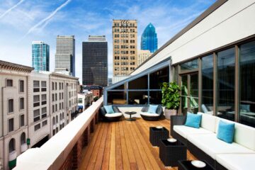 Terrace with a view of the city at The Rittenhouse Hotel, Philadelphia, Pennsylvania, USA