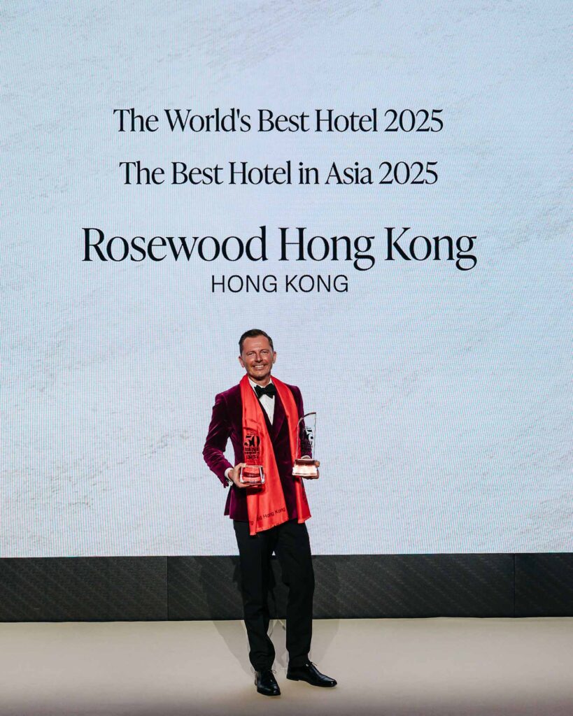 Angus Pitkethley of Rosewood Hong Kong picks up the top award at The Worlds 50 Best Hotels 2025