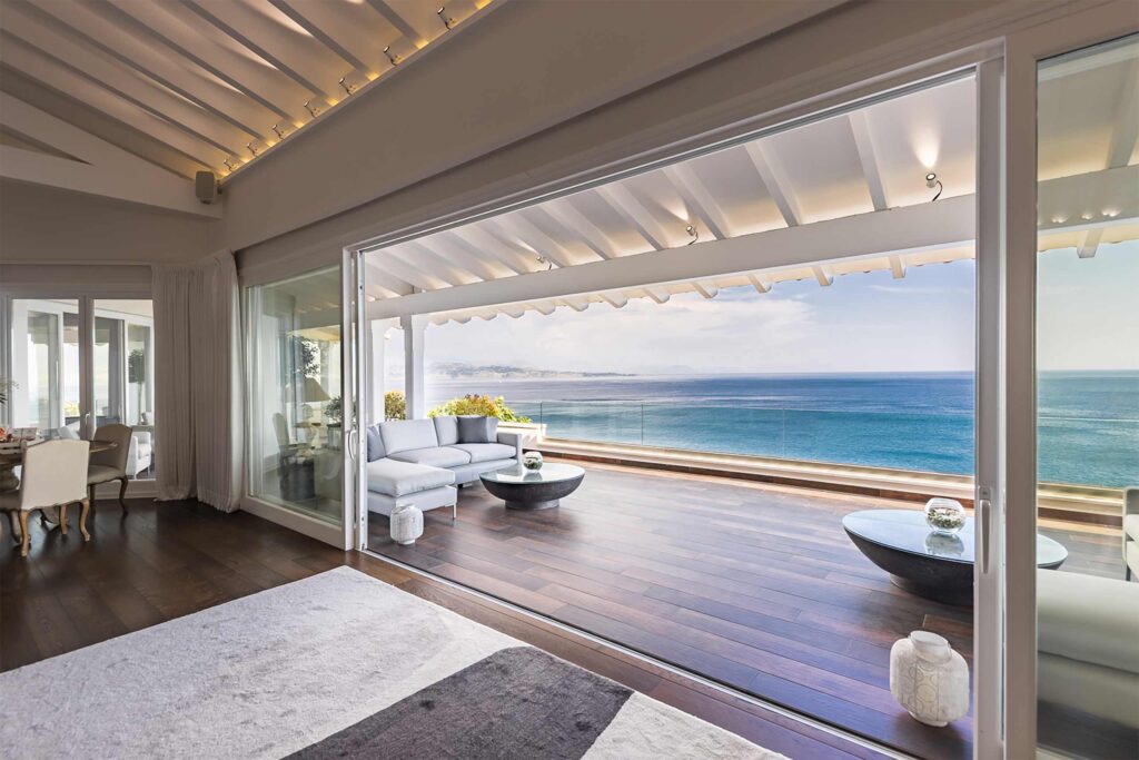 Suite window view revealing the ocean at Ultima Corfu.