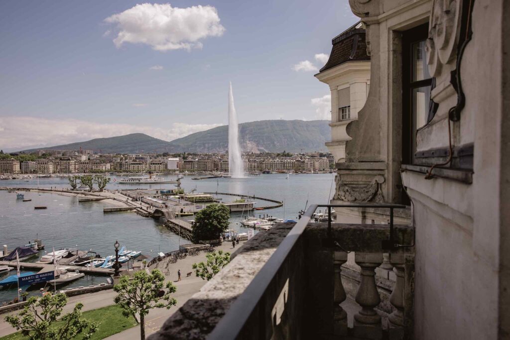 Rooftop view from the Ultima Quai Wilson Geneva overlooking Lake Geneva and the Jet d'Eau de Genève