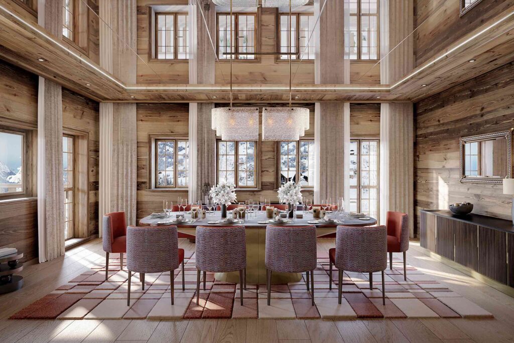 Luxurious, neutral Interiors in the dining room of Ultima Promenade Gstaad by Ultima Collection